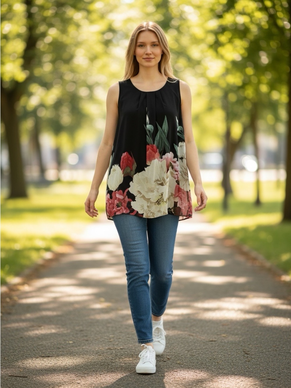 2 for $8 Floral Hem Sleeveless Tank/Dress - Black with Multi Floral #1000